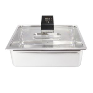 Bac Gn 2/1 Inox de 58 Litres avec couvercle polycarbonate et découpe pour thermoplongeur SWID ou SWID Premium. Matériel indispensable pour les cuissons sous vide de nuit.